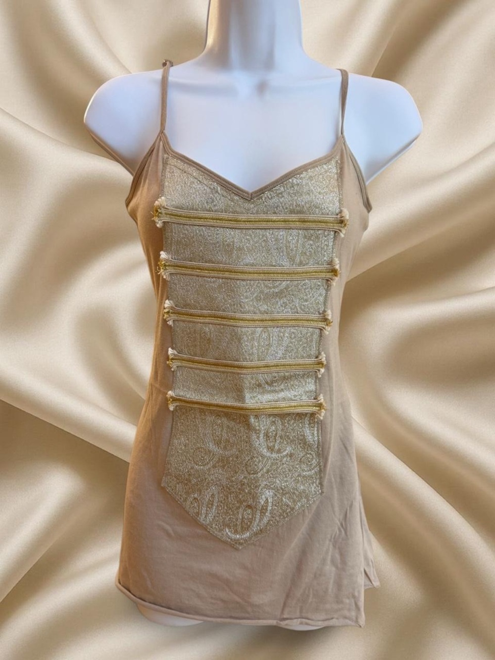 Tan Spaghetti Strap Tank with Gold Embellished Front Panel